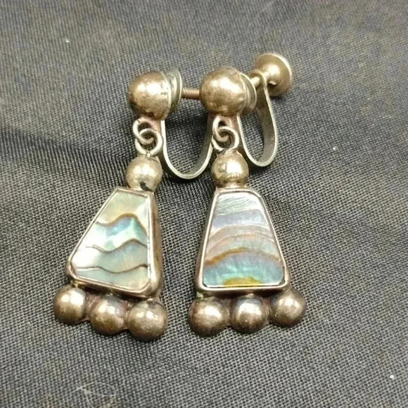 Sterling Silver Abalone Shell Del Rio Taxco Style Vintage Screwback Earrings - Picture 1 of 3
